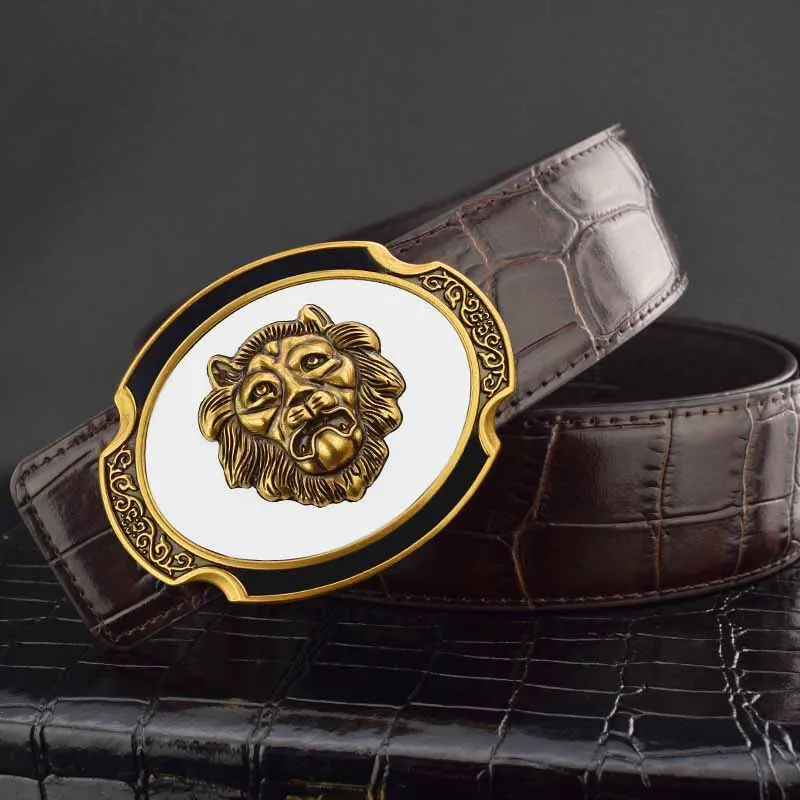 2023 Cowskin Sash Men Fashion Designer High Quality Genuine Leather Luxury Metal Alloy Buckle Lion Wide Belt Cintos Masculinos