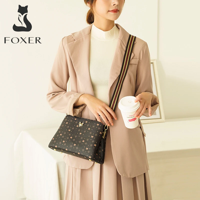 foxer brand female leather wide weave shoulder bag commuter office lady pvc monogram design crossbody bag small purse for female free global shipping