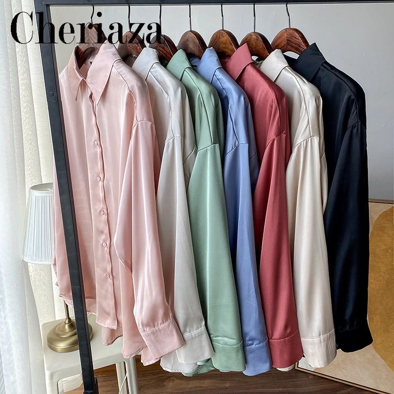 

Fashion 2022 Spring Woman Silk Satin Solid Color Shirt Casual Long Sleeves Chic Office Lady Blusas Blue Button Blouse Mujer