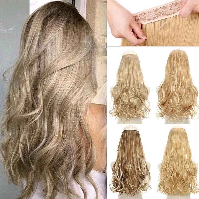 No Clips In Long Wave Invisible Wire Hidden Secret False Hair Piece Synthetic Natural Brown Blonde Fish Line Hairpiece For Women