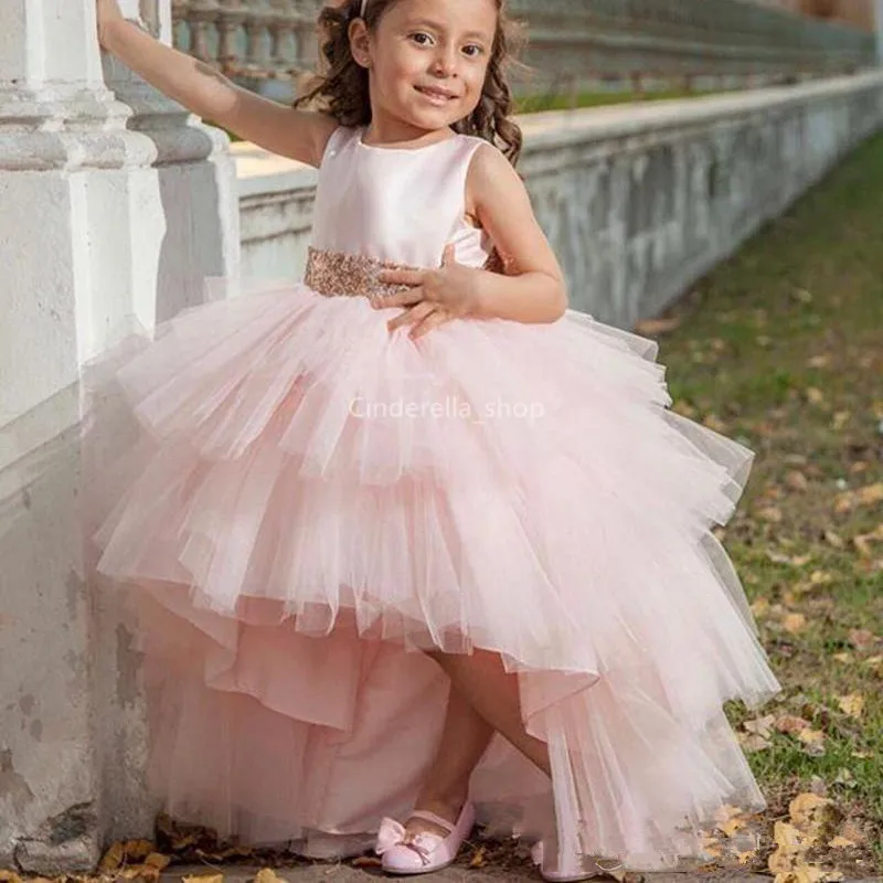 

Formal Puffy Pink Flower Girls Dresses For Wedding High Low Sleeveless Sequins Ball Gown Bow Sash Girls Pageant Dresses Vestidos