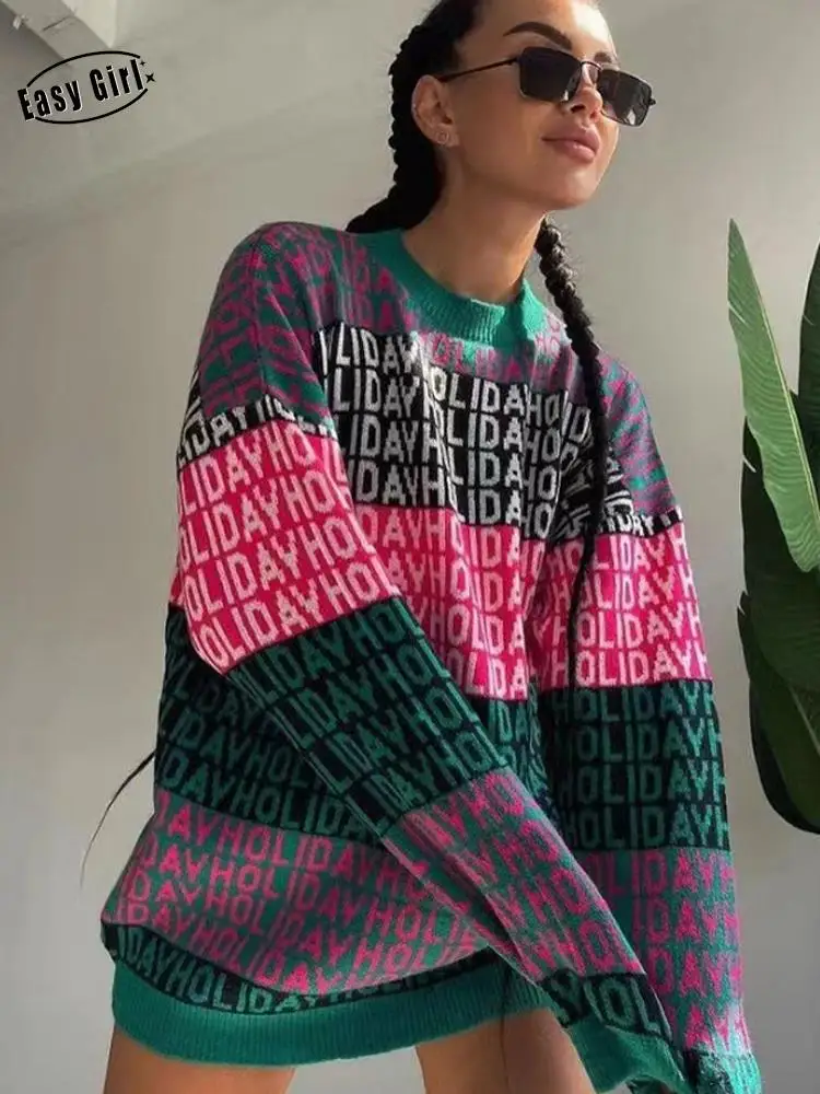 

Warm Letter Printed Women Sweater Color Patchwork 2022 Autumn Winter Streetwear Pullover Loose Semi-high Collar Female Sweaters
