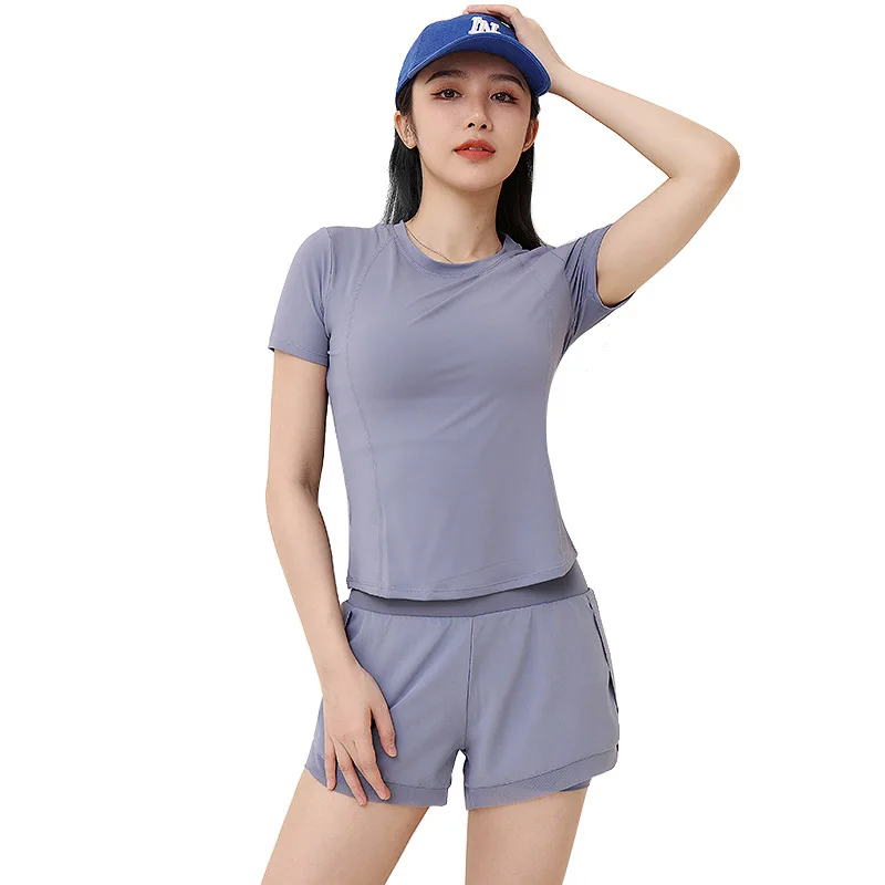 

Quick Drying Mesh Splicing Short Sleeve Anti Tarnishing Sports Shorts Women's Summer Loose Running Loose High Waist Yoga Suit
