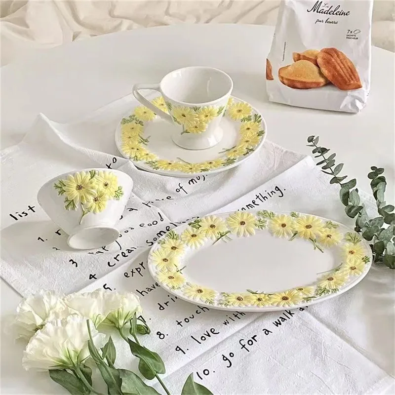 

Yellow Daisy Coffee Mug Cup Home Party Wedding Cake Plate Afternoon Tea Cups Dessert Saucer Kitchen Accessories Chirstmas Gift
