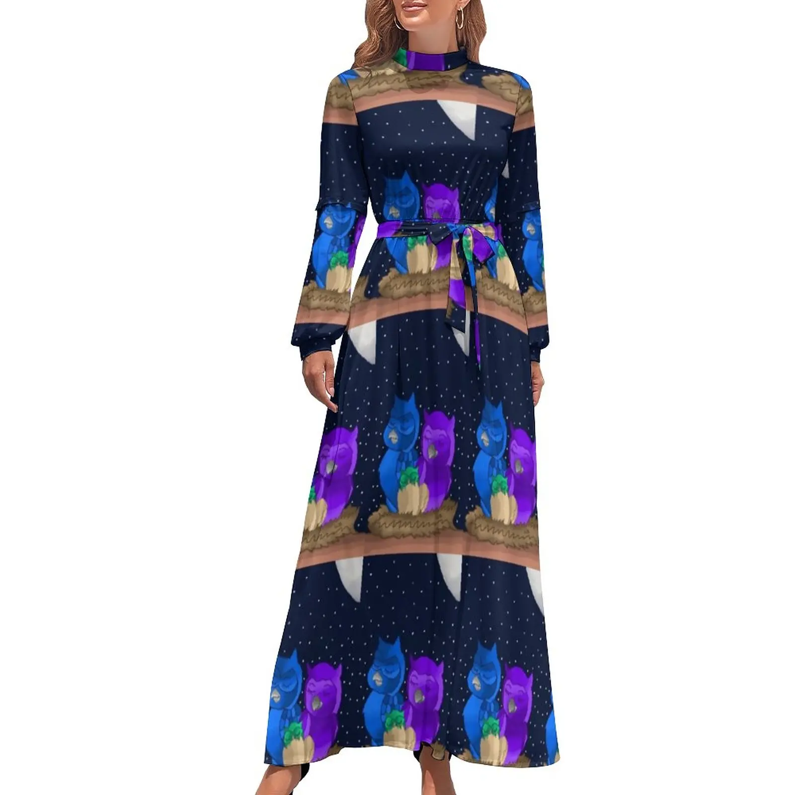 

Owl Family Dress High Waist Funny Animal Print Print Boho Beach Dresses Long Sleeve Aesthetic Long Maxi Dress Cute Vestido