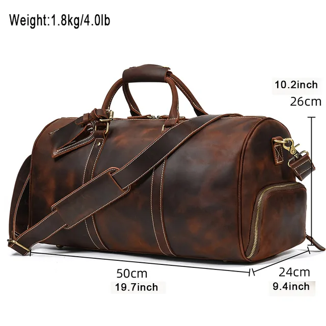 Men Retro Genuine Leather Duffle Bag With Shoes Pocket Full Grain Vintage Crazy Horse Leather Travel Bag 20Inch Weekender Duffel 3