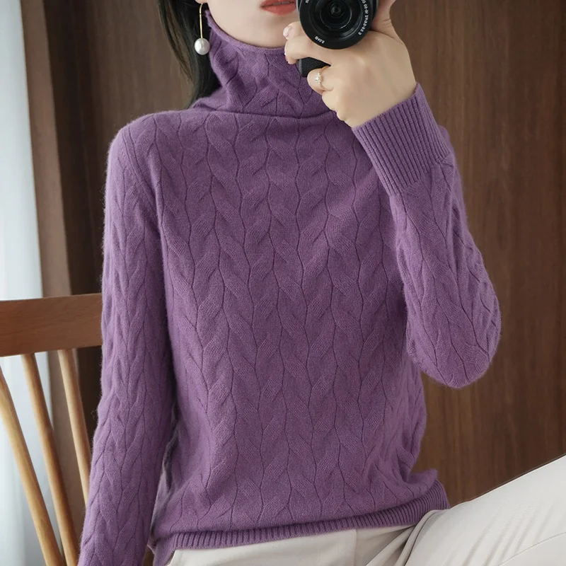 

Women's cashmere sweater 2022 autumn and winter new style twist pile collar solid color pullover women's knitted bottoming shirt