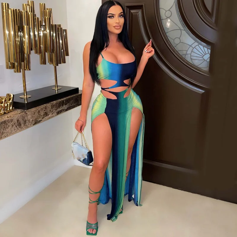 

WUHE Cut-Out Printed Summer Maxi Dress Vacation Outfits Womens High Slit Striped Dress Spaghetti Strap Club Party Wear