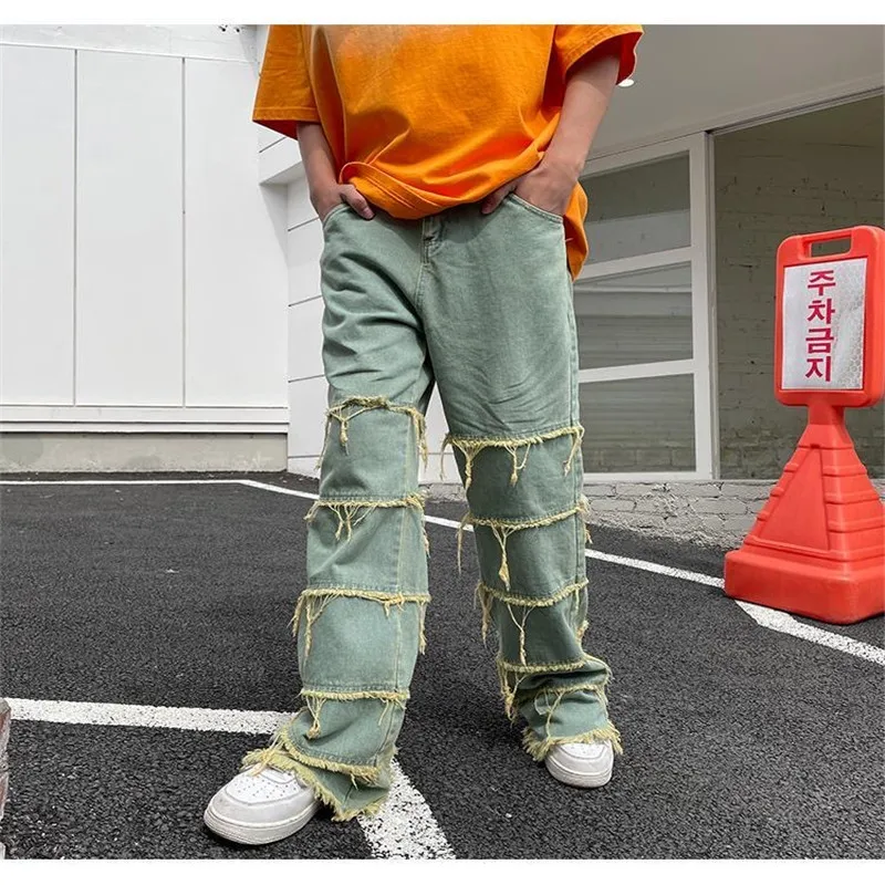 2022 new American retro jeans mopping the floor drape men and women ins tide loose straight light color trousers summer