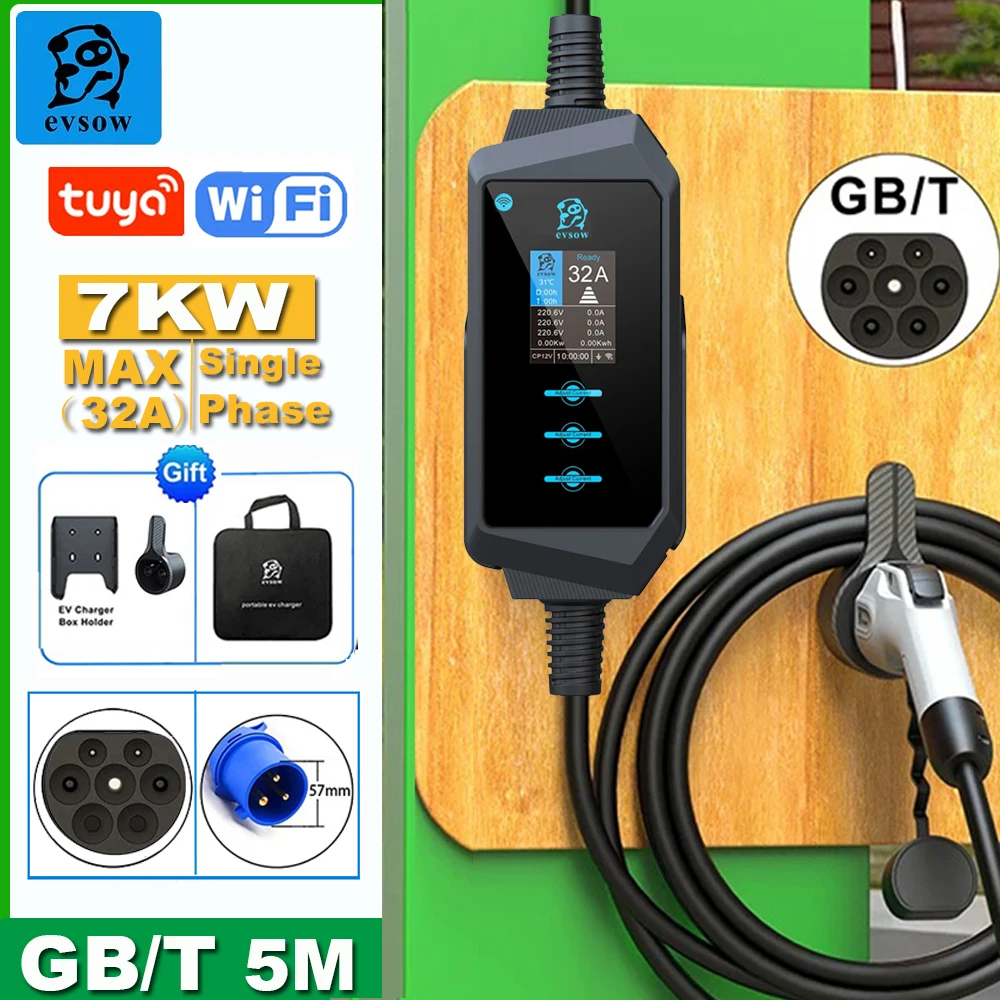 Evsow GBT Зарядное устройство для электромобиля 7KW 32A электромобилей Wi-Fi APP Control EVSE