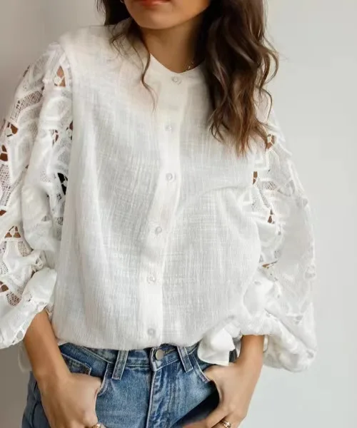 

Japanese Loose Oversized Design With A Sense Of Niche Lace Cut Out Embroidery Long Sleeved Shirt For Women's Unique Short Shirt