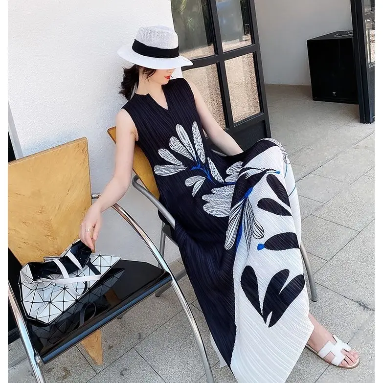 

Folding print dress female European and American high -end big -name holiday long skirts beach thin 2022 summer dress female