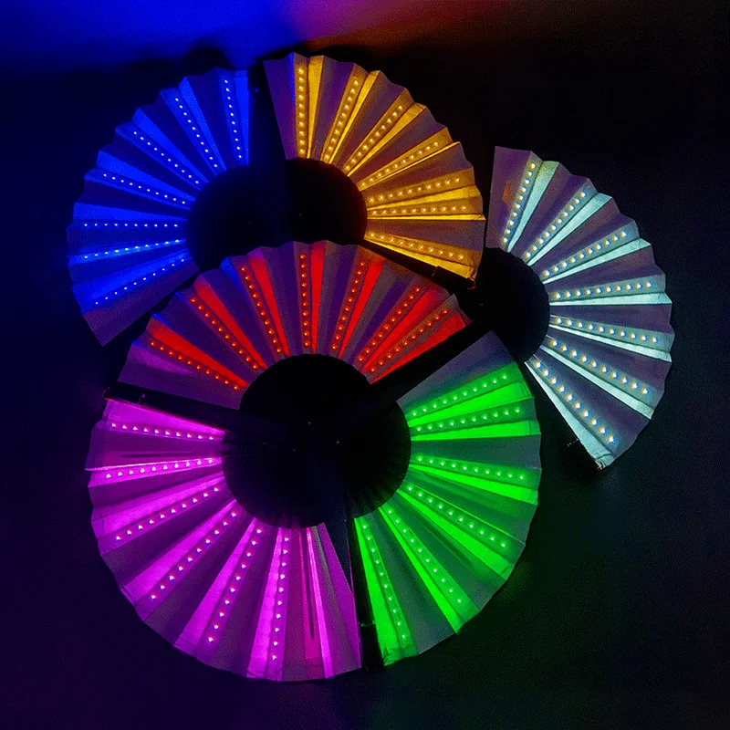 

2pc Led Luminous Folding Fan 13inch Party Colorful Fan Wedding Hand Fans for Night Club Dance Glow in the Dark Evening Accessory