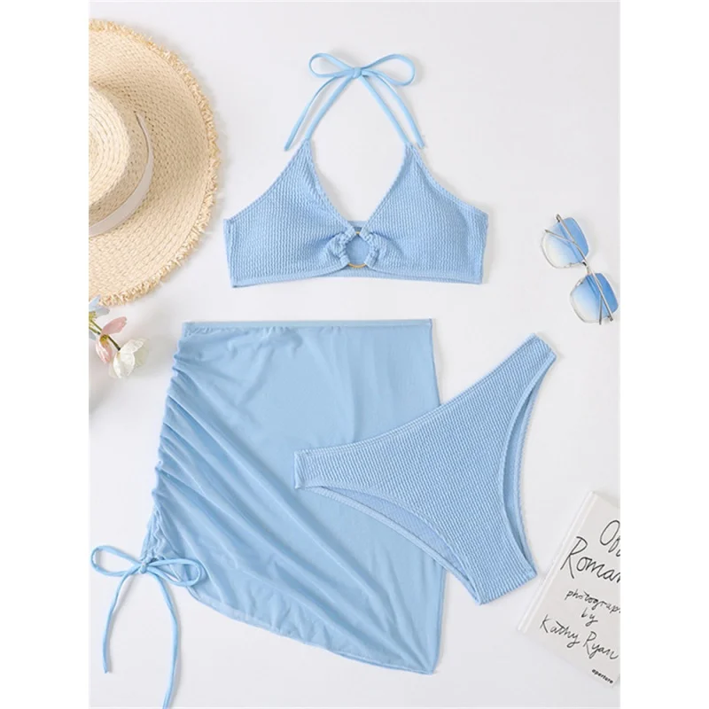 

Соблазнительный комплект бикини из 3 предметов, женский купальник в рубчик с вырезами и кольцами спереди, черный купальник с эффектом пуш-ап, Бразильский купальный костюм, купальник с юбкой