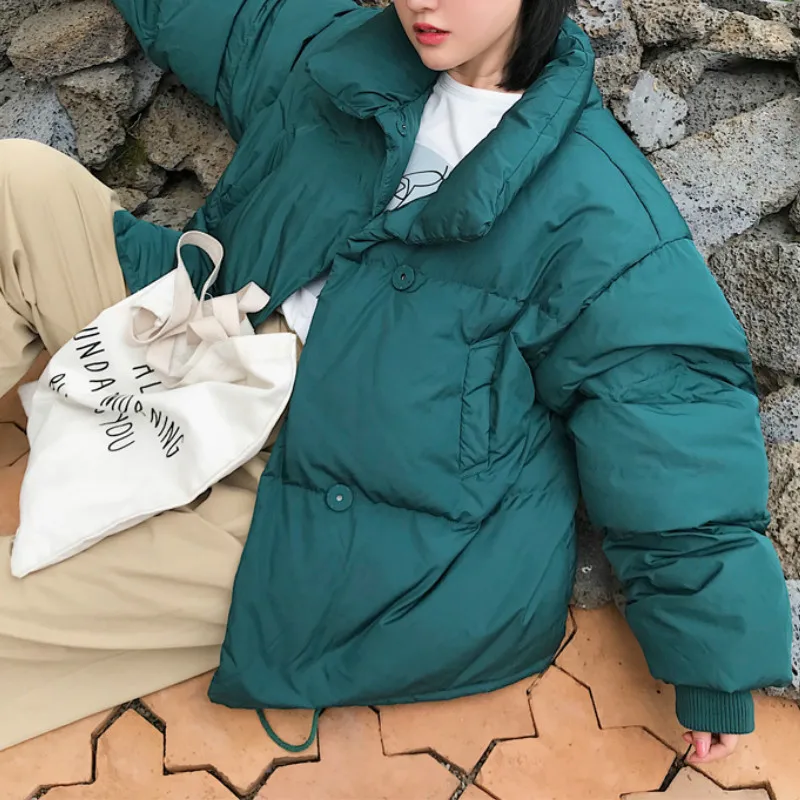 

Women Collar Solid Jacket Female Casual Down Warmth Coat Loose Oversized Winter Fashion Womens Korean Style Zipper Short Parka