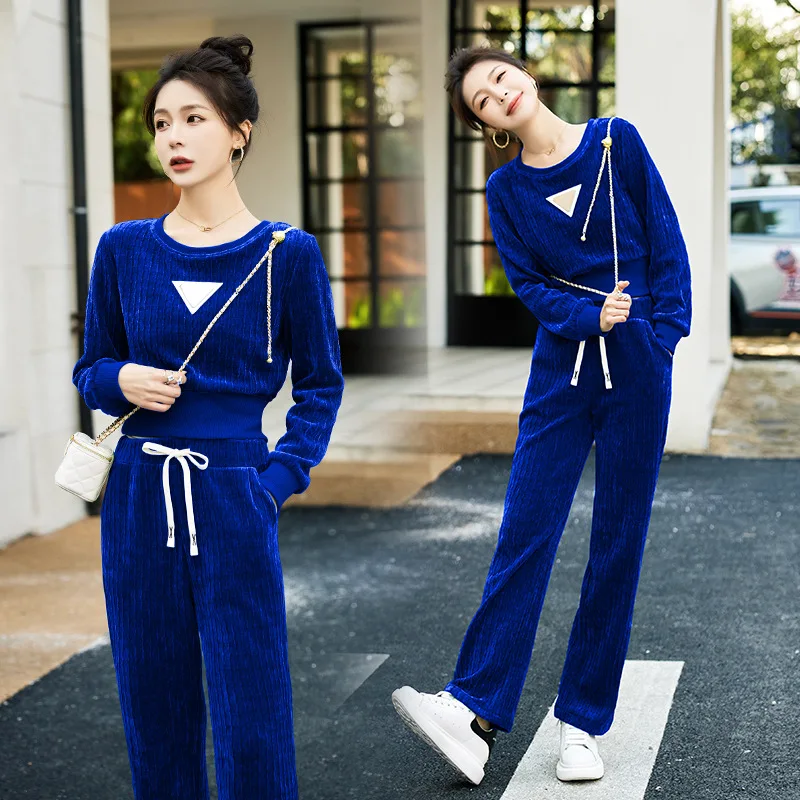 

2022 Spring New Women's Fashion Casual Round Collar Loving Pants Two-piece Suit Women