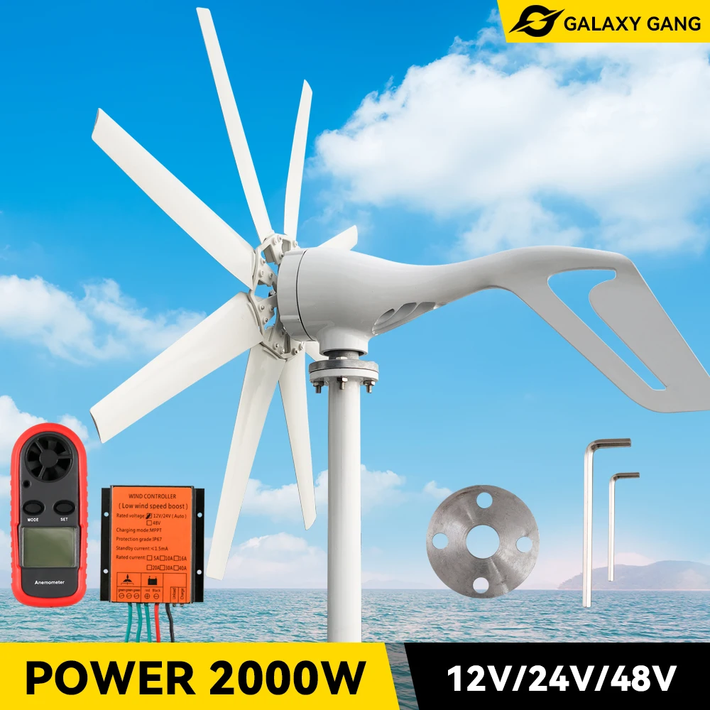 

Free Energy Wind Turbine Generator 8 Blades 2000w 12v 24v 48v With Off Grid System Mppt Hybrid Charge Controller For Home Use