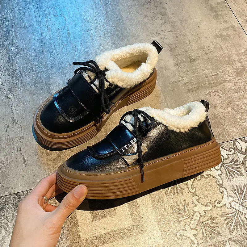 

LLUUMIU New Women Winter Ankle Boots PU Casual Cotton shoes All-match Snow Boots Plush Warm Slip-on Ladies British style Flats