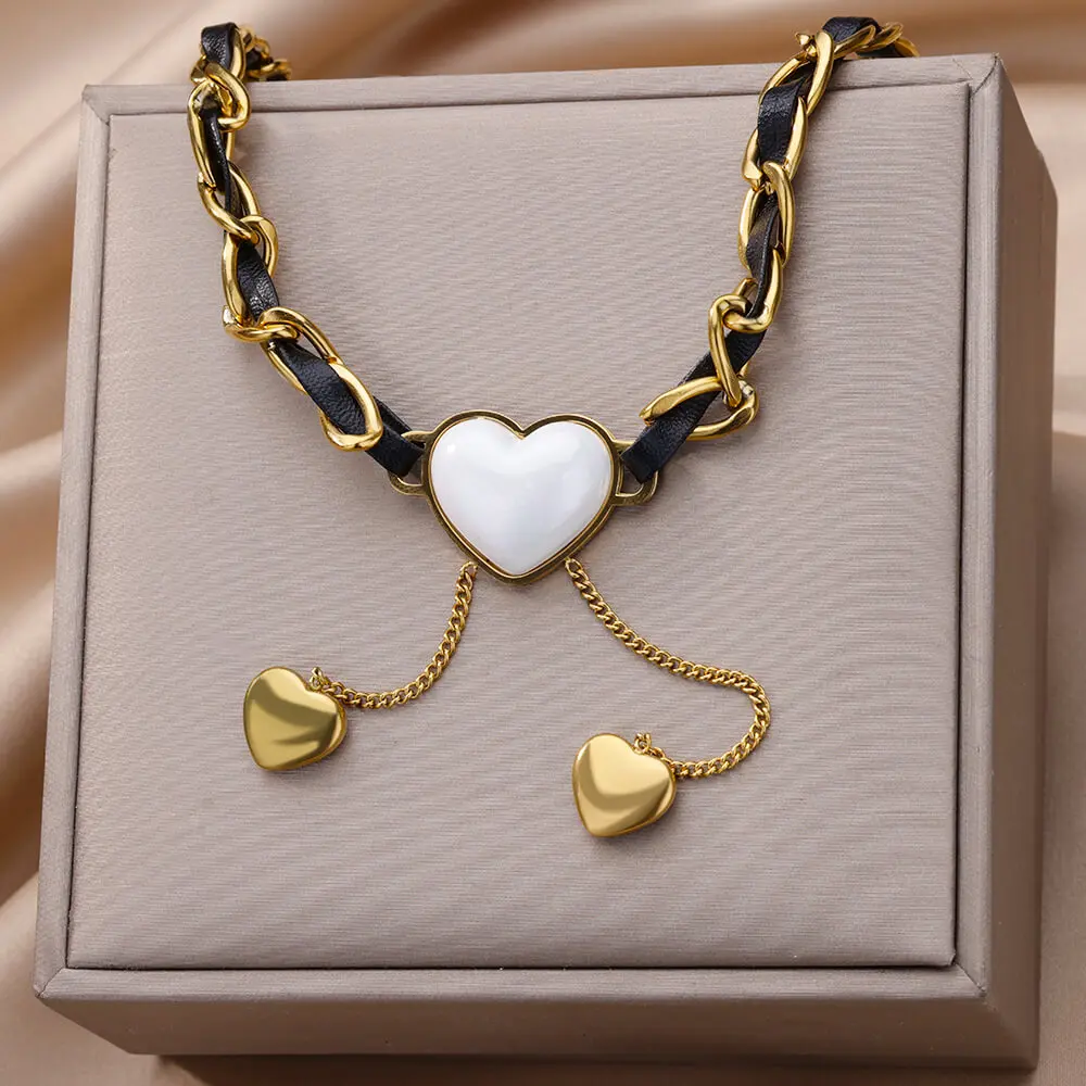 

Korean Fashion Heart Pearl Pendant Necklace For Women Stainless Steel Gold Color Chain Heart Necklace Wedding Party Jewelry Gift