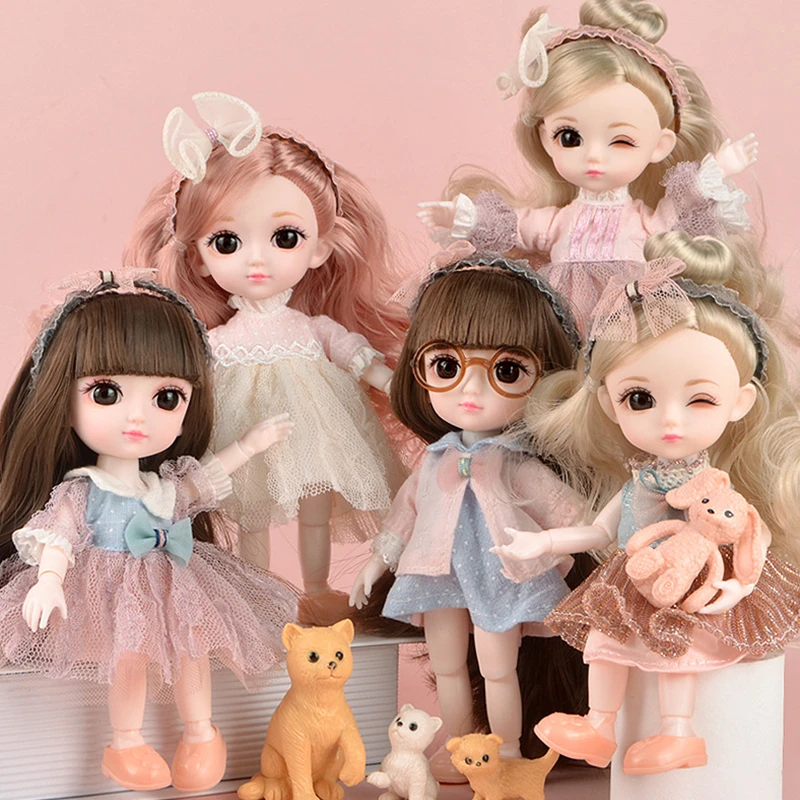

1/8 BJD Dolls 13 Movable Jointe Cute Face 16cm Doll Girl Dress Up Fashion Clothes Play House Toy for Girls Gift with Extra Dress