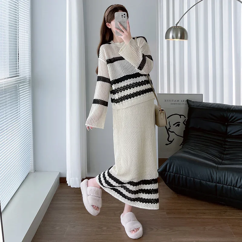 Осенний комплект одежды для беременных в корейском стиле полосатый лоскутный