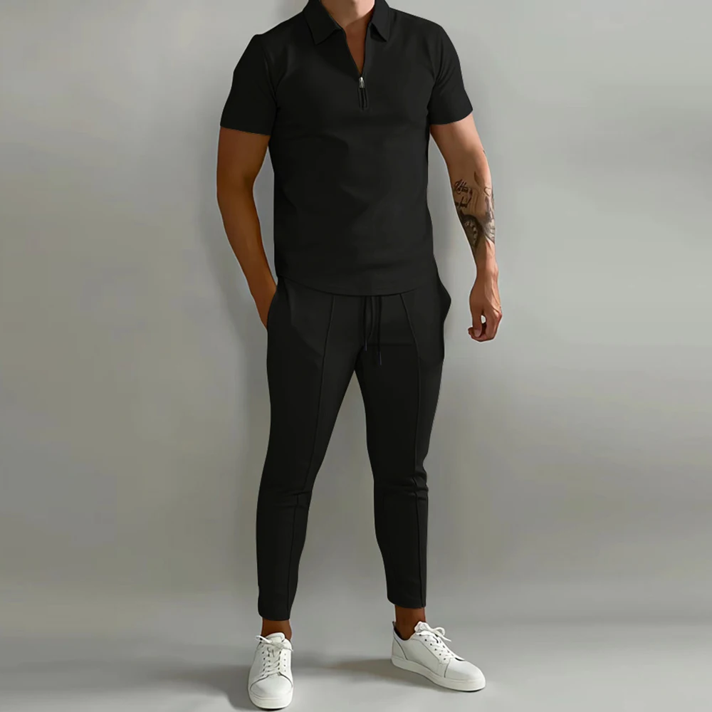 Men's Casual Solid Color Sports Suit Summer Fashion All-match Short-sleeved Polo Shirt Sports Trousers Two-piece Suit for Men