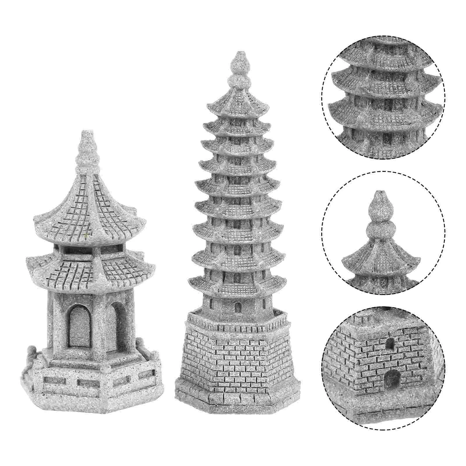 2 Pcs Micro Landscape Decor Mini Ornament Miniature Bonsai Decoration Pagoda Statue Zen Hexagon