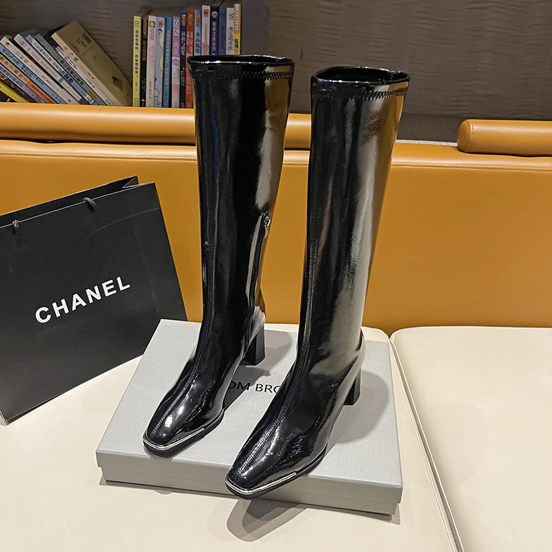 

2022 New Black Knee High Women's Boots Leather Designer Shoe Slim Women's Shoes Rock Square Toe Zip Closure High Heels FT1097