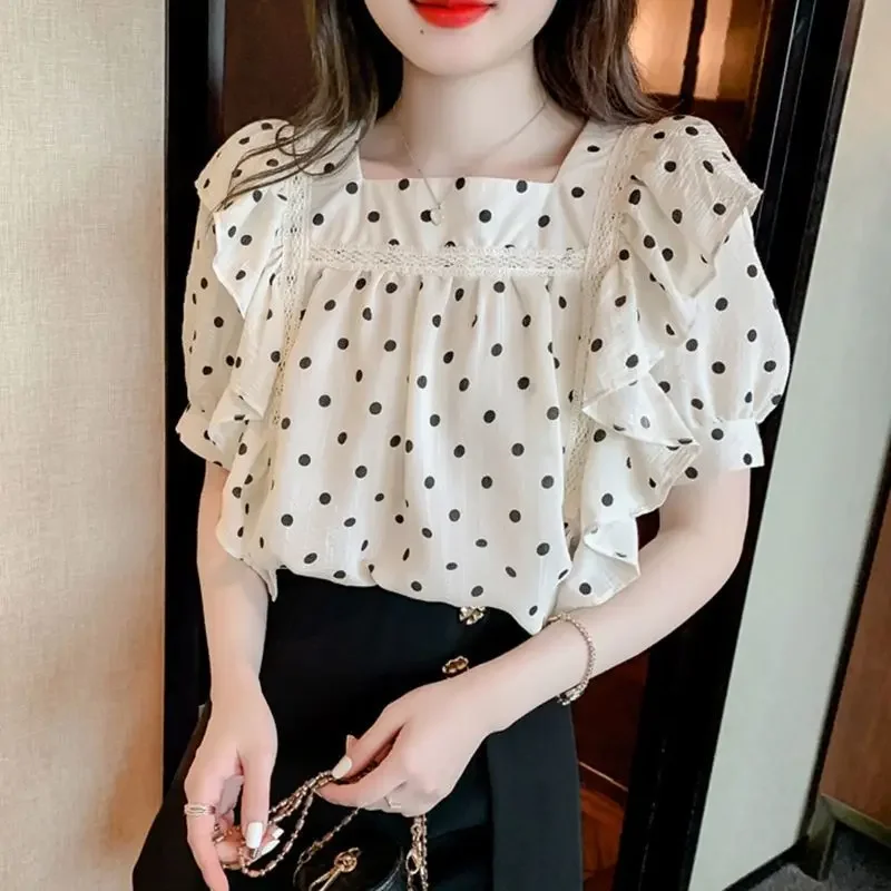 Женская шифоновая блузка в горошек белая рубашка с коротким рукавом и оборками