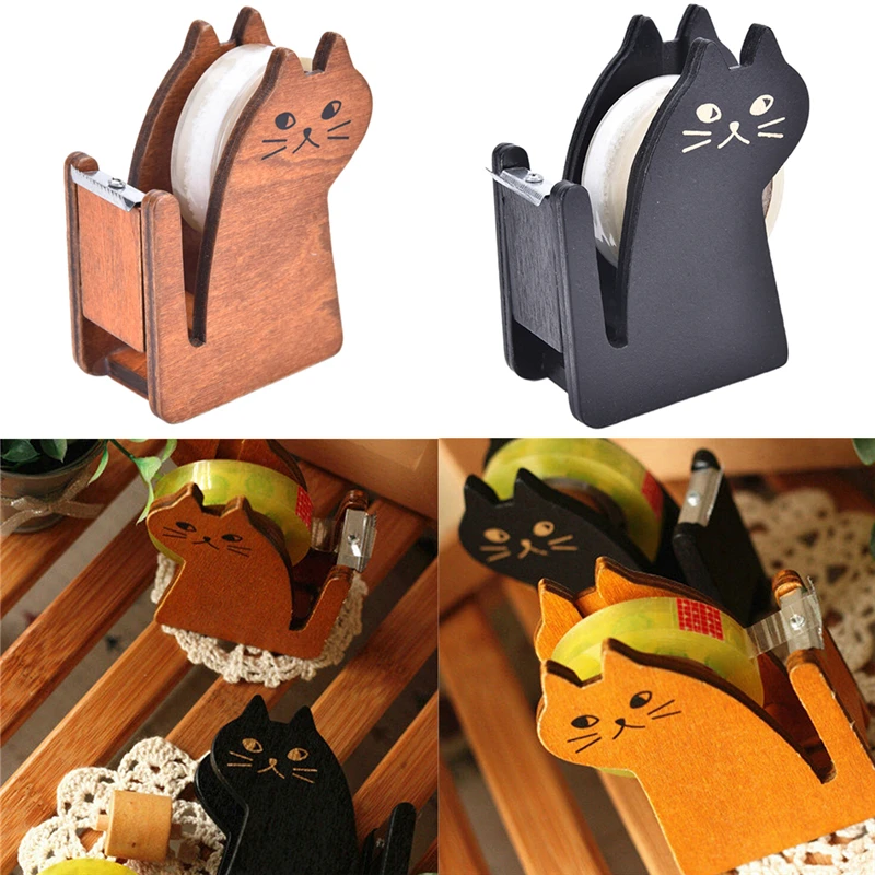 Kawaii Cute cat wooden tape Dispenser Tape holder Tapes cutter Office School Supplies Creative Stationery Gifts