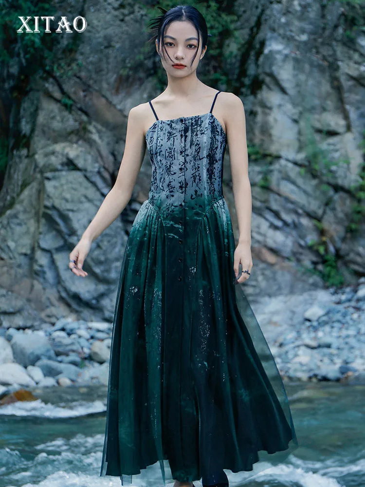 

XITAO Strapless Dress Fashion Women Mesh Goddess Fan Casual Style Sleeveless 2022 Minority Patchwork Loose Elegant Dress WLD8562