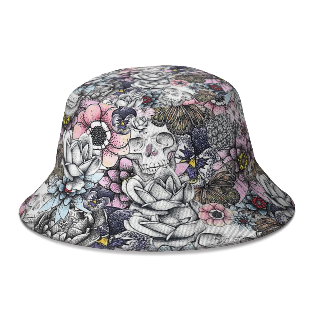 

Floral Skull Skeleton Horror Bucket Hat For Women Men Students Foldable Bob Fishing Hats Panama Cap Streetwear