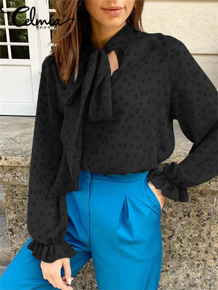 

Модные топы Celmia в форме капли воды, свободные осенние женские блузки 2022, Элегантные повседневные офисные блузки с бантом и расклешенными ру...