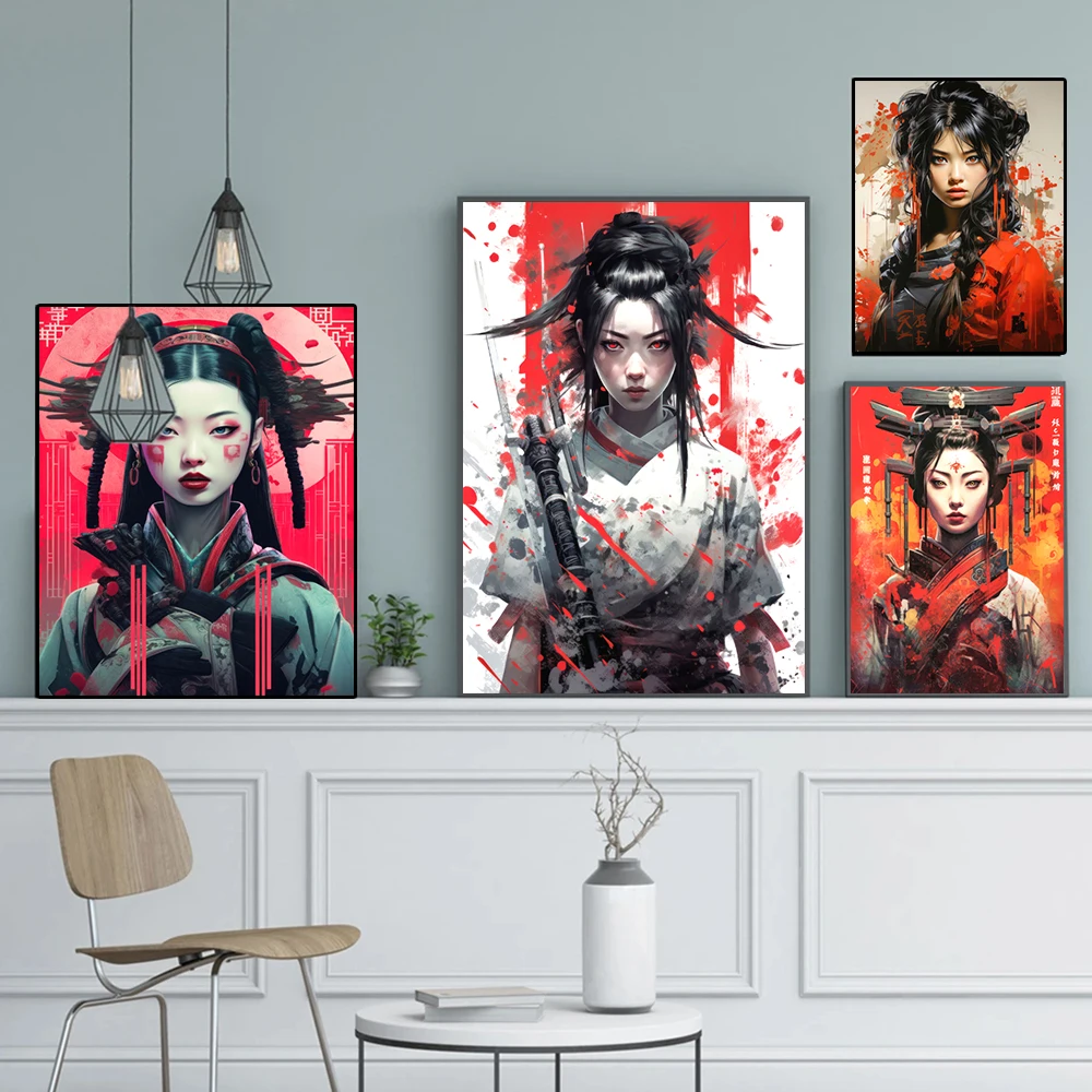 Японская Картина на холсте в стиле киберпанк самурайская девушка настенные