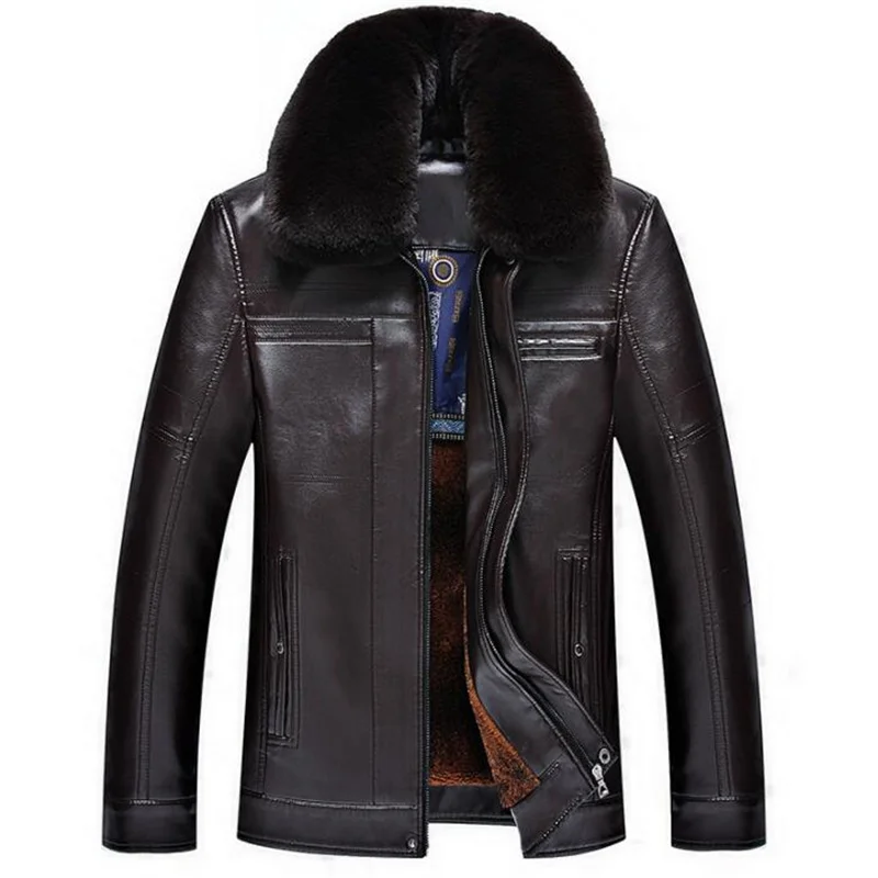 Middle-aged leather jacket men Plus velvet thicken fur collar warm mens leather jackets and coats biker brown B358