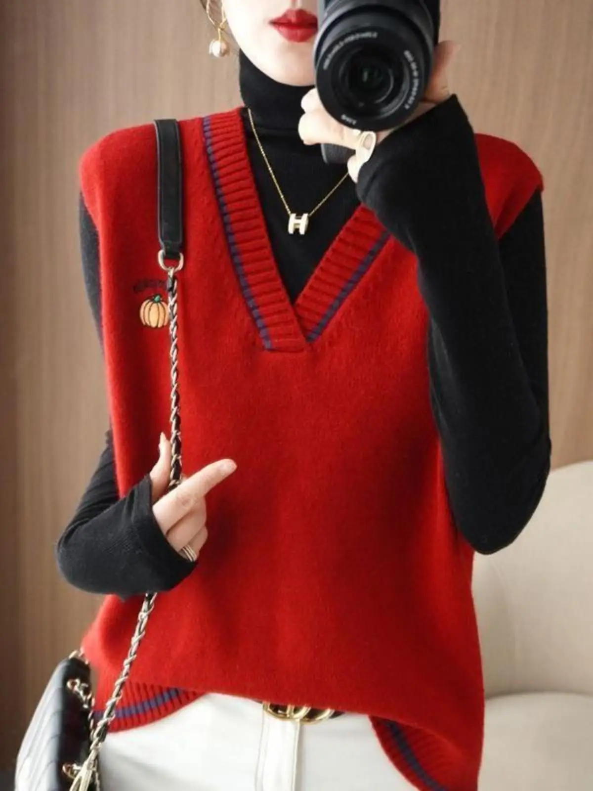 Осень-зима 2025 г. новый свитер жилет женский пуловер с v-образным вырезом свободный