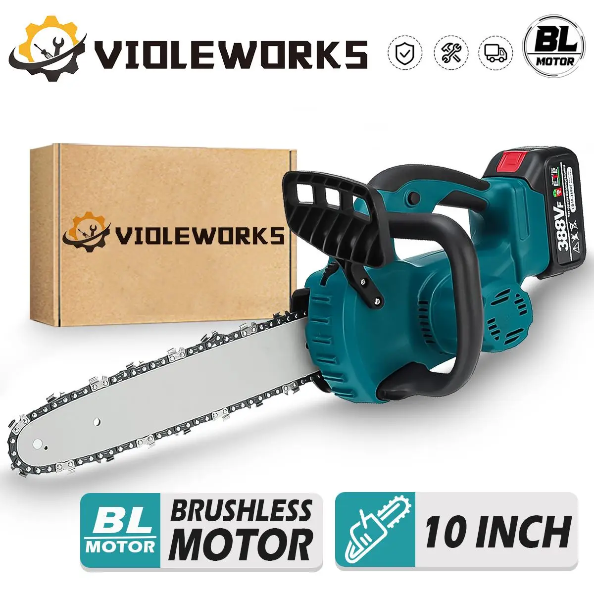 5000W 10 Inch Brushless Electric Saw Chainsaw With 0/1/2PC Li-ion Battery Woodworking Tool for Makita 18V Battery By VIOLEWORKS