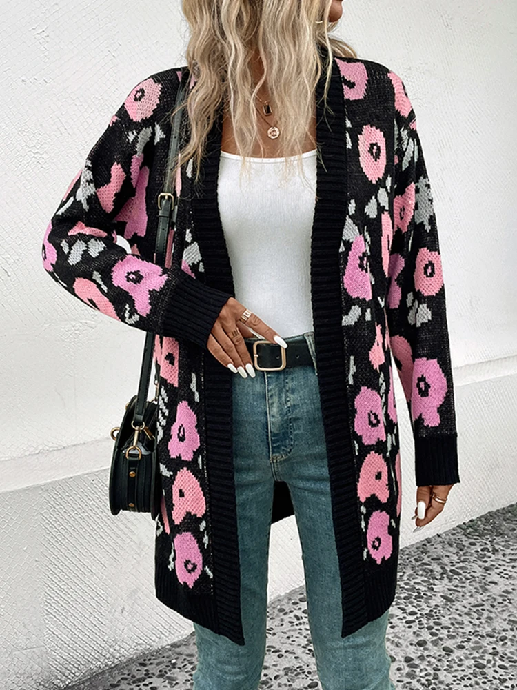 Женский кардиган с цветочным принтом свободный шерстяной свитер для дам