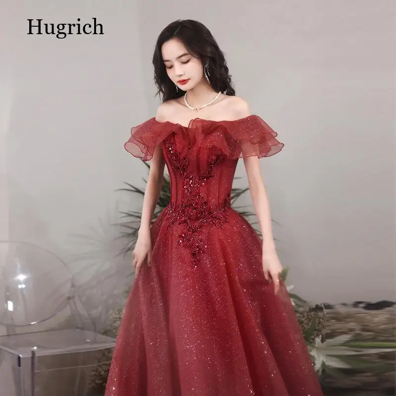 

Women Burgundy Off-shoulder Wedding Dress Exquisite Sequins Backless Long Elegant Fairy Gowns robe de soiree