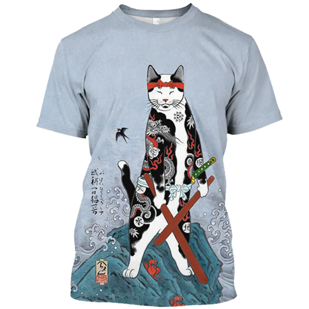 

Футболка мужская и женская с 3D-принтом самурайского кота, модная повседневная рубашка оверсайз с круглым вырезом и коротким рукавом, уличная одежда в трендовом стиле