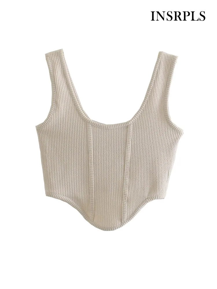 

INSRPLS Women Fashion Fitted Slim Asymmetry Ribbed Knit Tank Tops Vintage Backless Wide Straps Female Camis Mujer