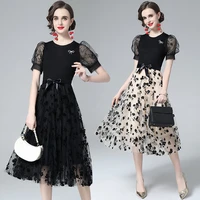 new fashion summer lace dress for women slim short puff sleeve knitted stitching mesh vestido blackbeige elegant organza dress