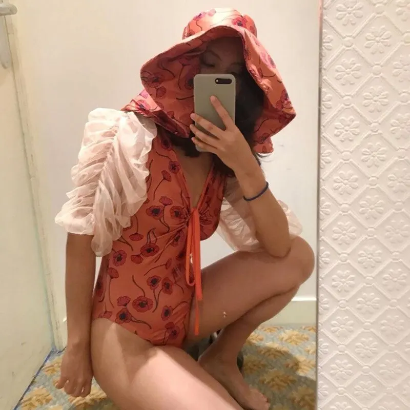 

Swimsuit Large Size One Piece Swimwear Bikini Set Korean Retro Bubble Long Sleeve Cover Sexy Women Swimdress Print Polyester