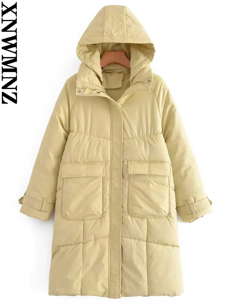 XNWMNZ 2022 Women Fashion Hooded Long Cotton Clothes Woman Retro Pocket Oversize Jackets Winter Coat Female Chic Outwear