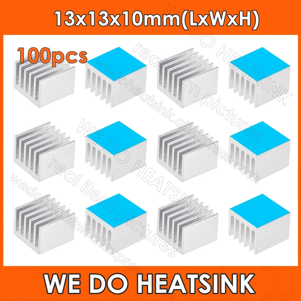 

WE DO HEATSINK 100pcs 13x13x10mm Aluminum Heatsink Radiator Cooler With Thermal Adhesive Heat Transfer Pad