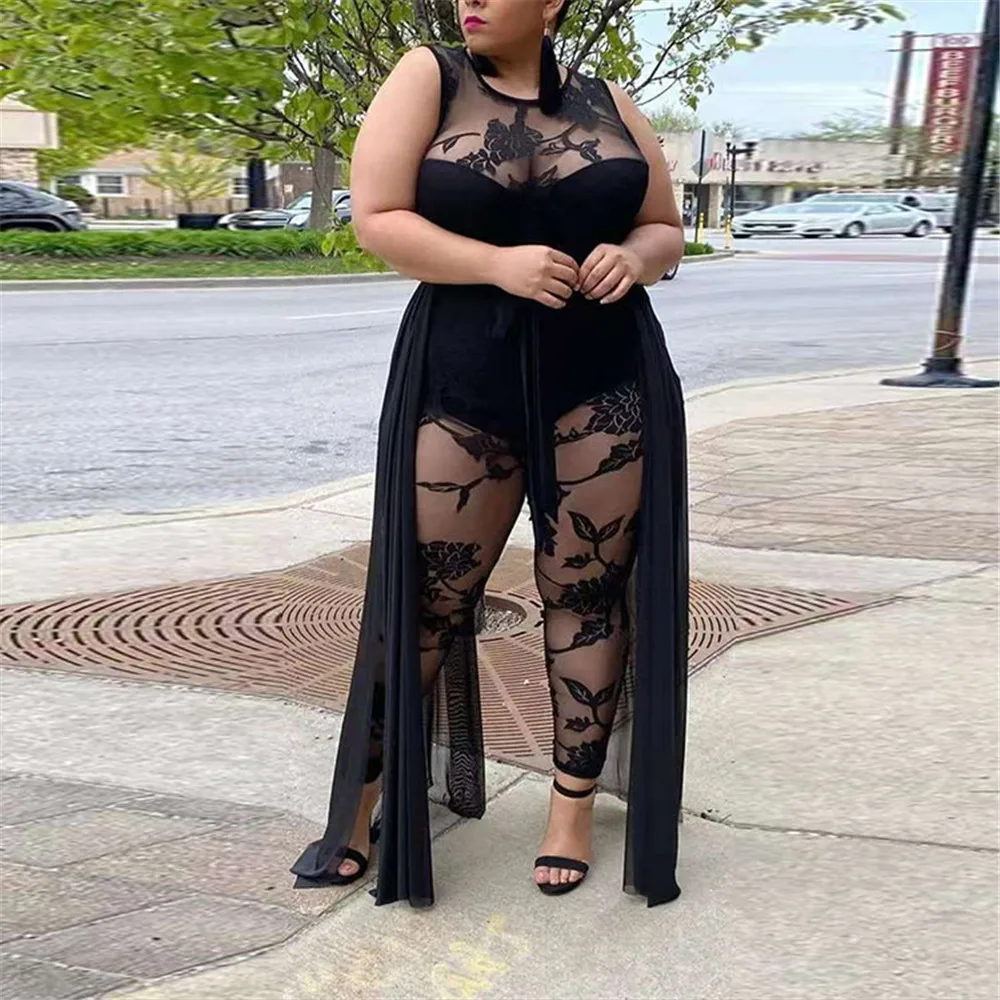 

Black Lace Sexy Sleeveless Jumpsuits Summer Women Clothing Round Collar Flocking Print Casual Bottoming Shirt 3Xl-5Xl