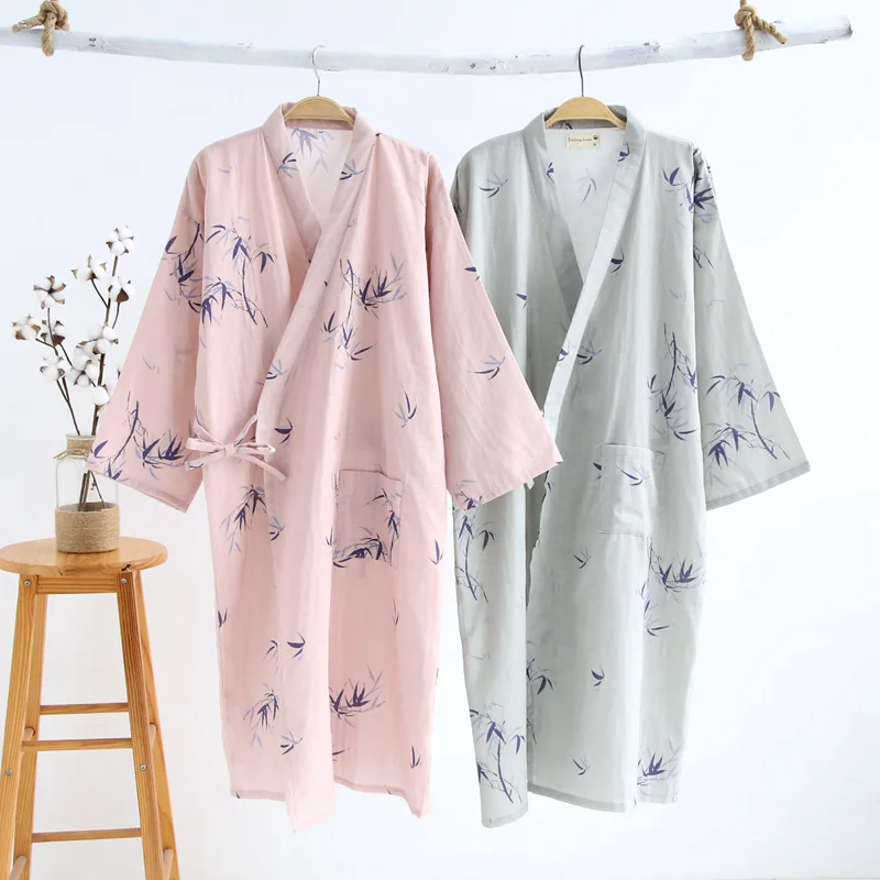

Spring and Summer Thin Cotton Leaves Printing Nightgown Robes for Couples Kimono Bathrobe Men's and Women's Cardigan Bathrobes