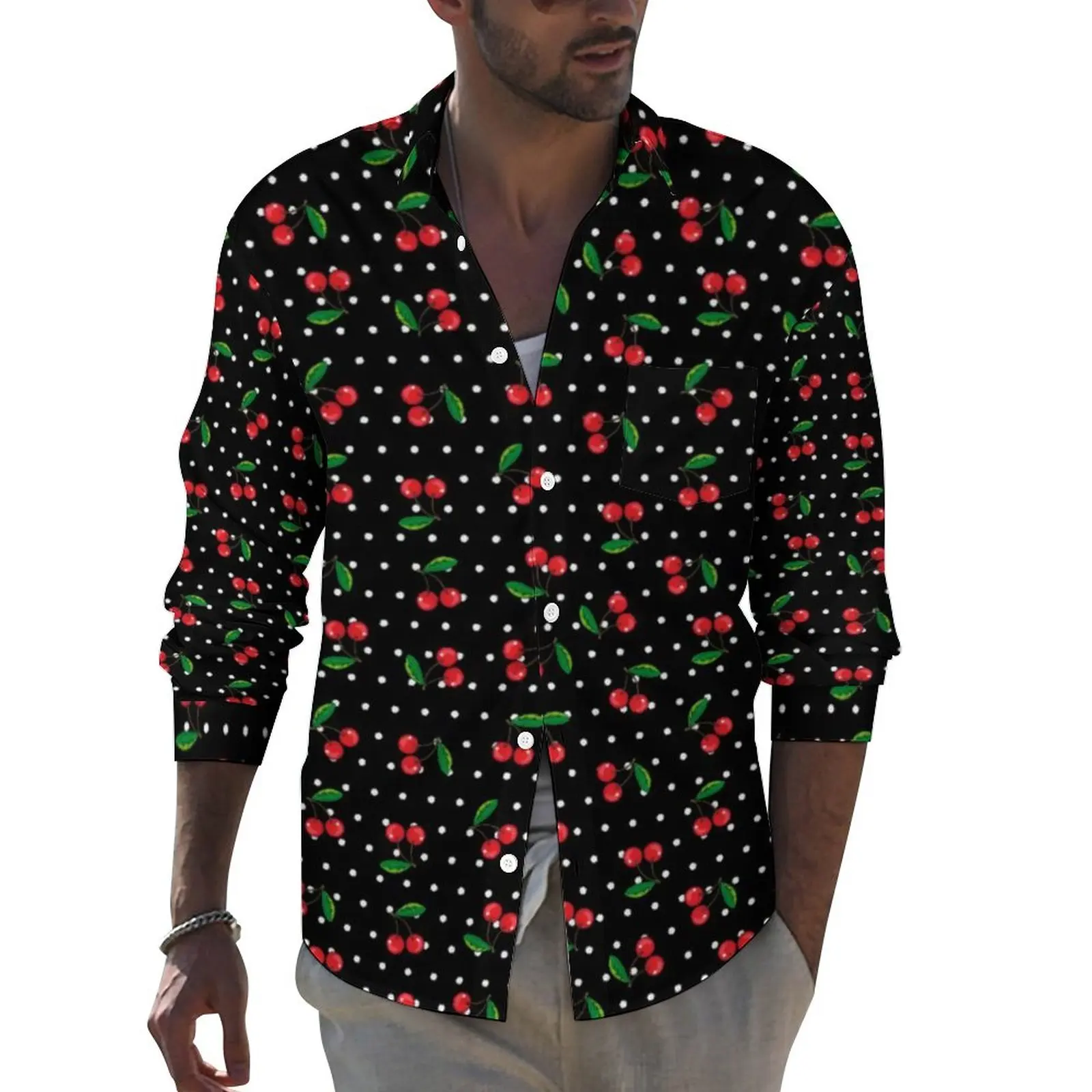 

Cherry And Leaf Casual Shirts Men Polka Dots Print Shirt Long Sleeve Vintage Street Style Blouses Custom Tops Plus Size 4XL