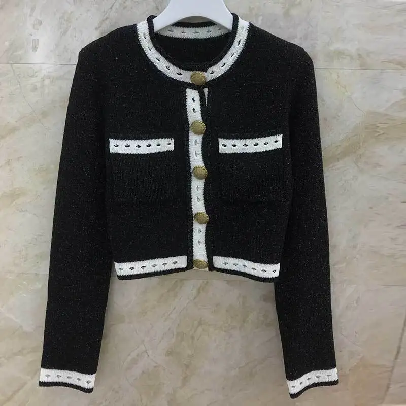 

Кардиган женский однобортный с круглым вырезом, модная классическая трикотажная куртка персикового цвета с дырками, повседневная одежда, черный цвет