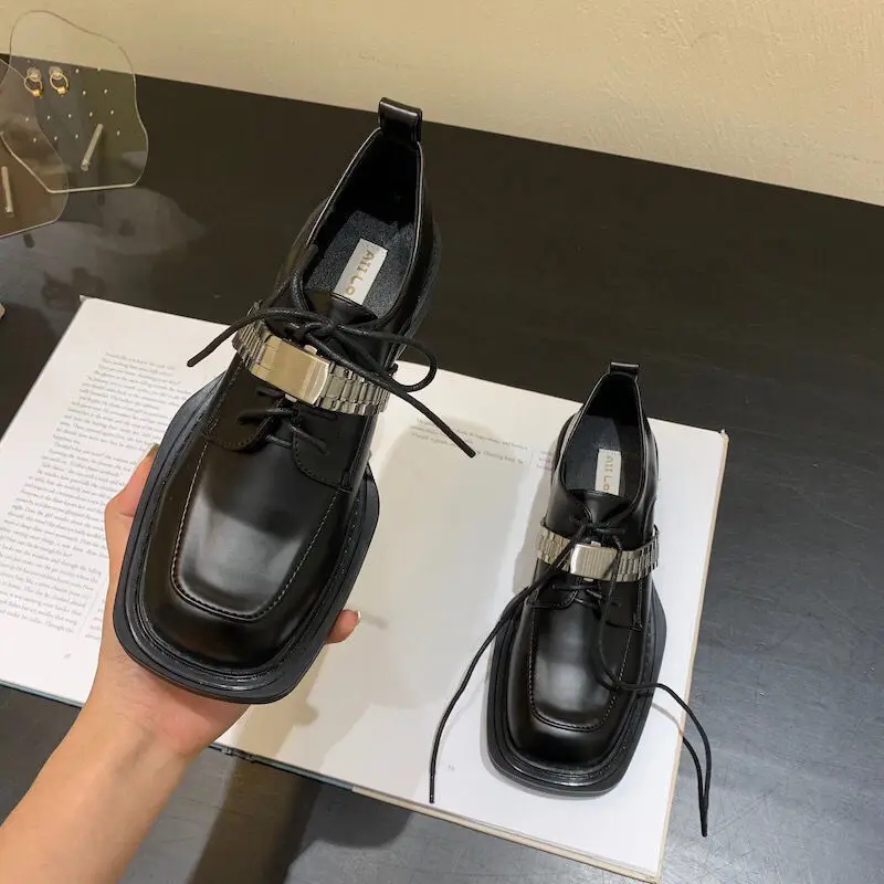

Women pumps Shoes Lolita Shoes Black pu Leather Thick Bottom British Style Shoes Casual Comfortable Lace Up Platform Shoes